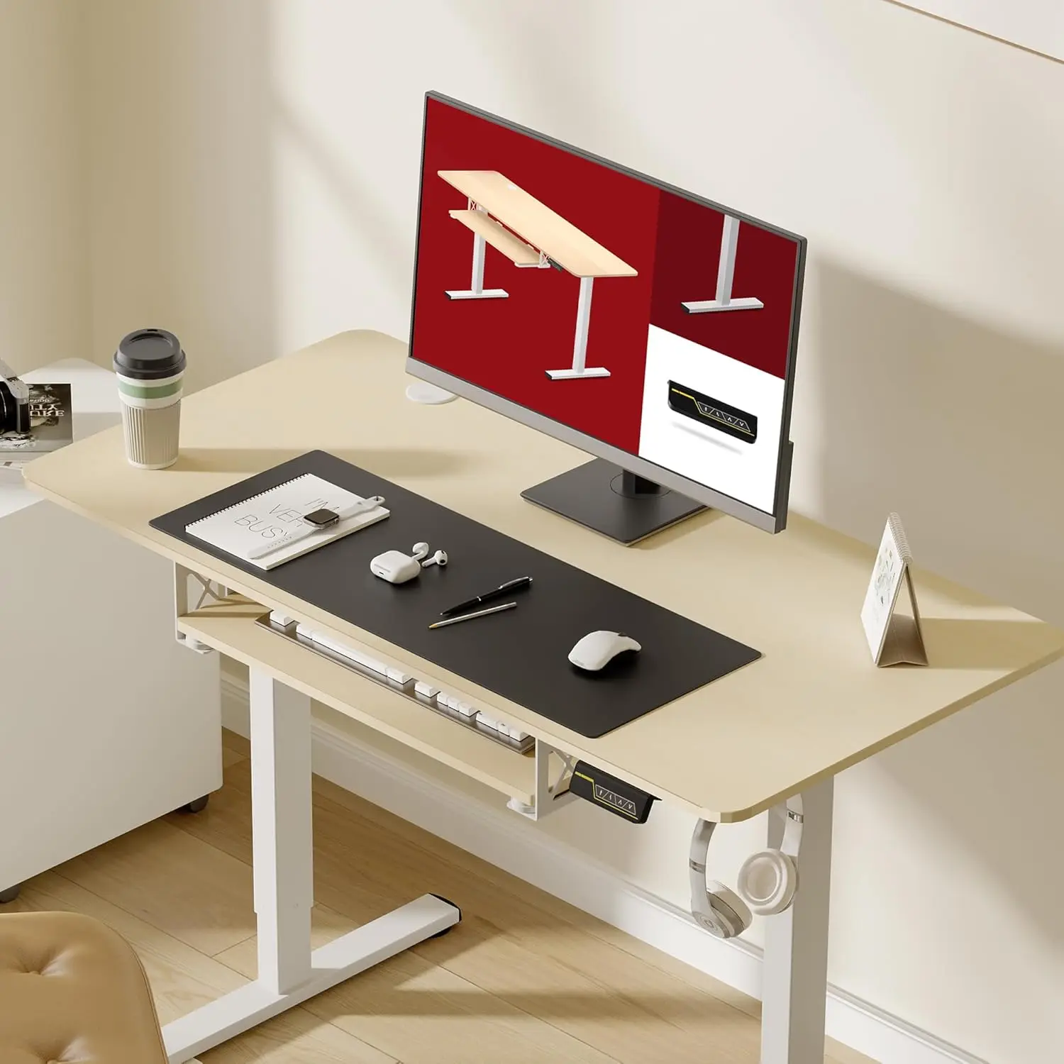 Standing Desk with keyboard tray, 55 × 24 inches, electric height adjustable, sit-stand desk with splice board