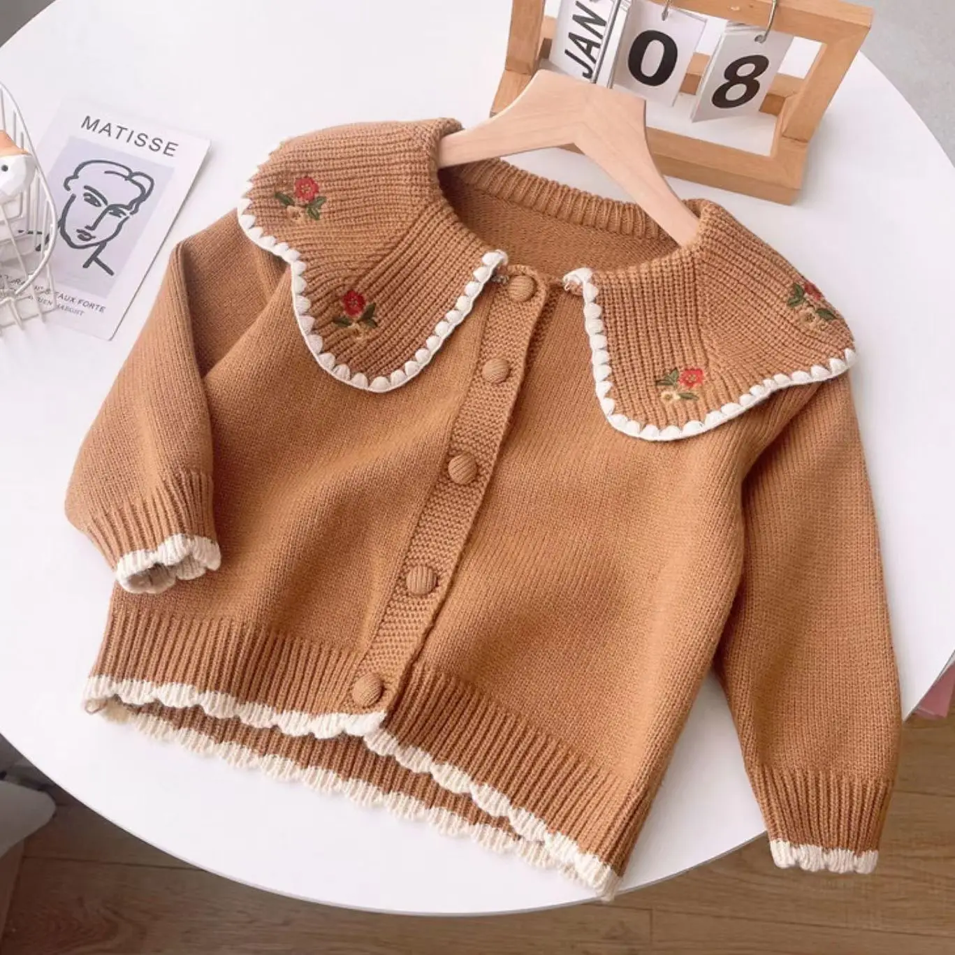 Baby Girls Sweater Fashion Petals Collar Knitted Cardigan Knitwear Children Embroidery Coat Princess Girls Autumn Winter Sweater