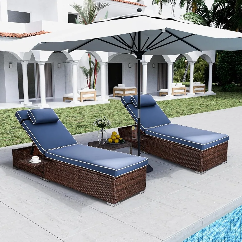 Juego de 2 sillas de salón de mimbre PE para exteriores, sillón de piscina exterior de ratán con portavasos y respaldo ajustable, marrón R
