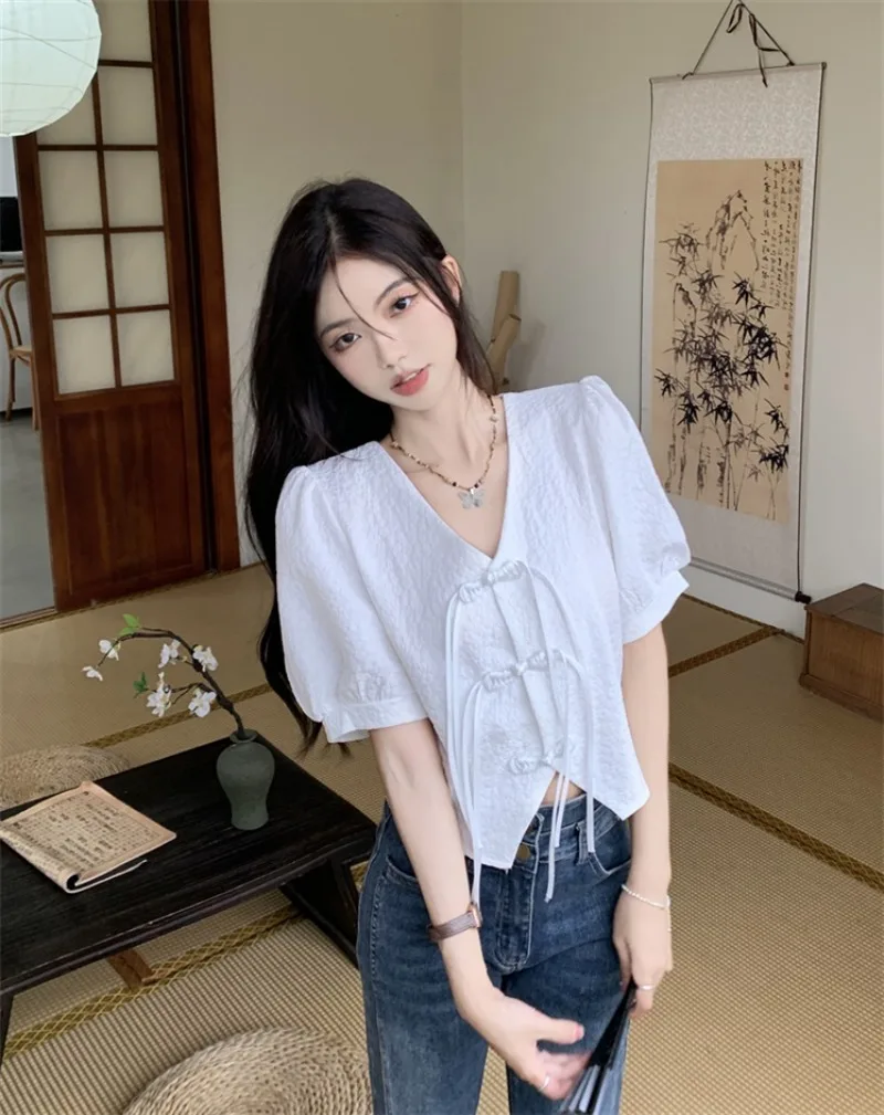 Miiiix New Chinese Style Button Up Short Sleeved Full Shoulder Shirt Women's Summer Slightly Chubby French Slimming Tee Top