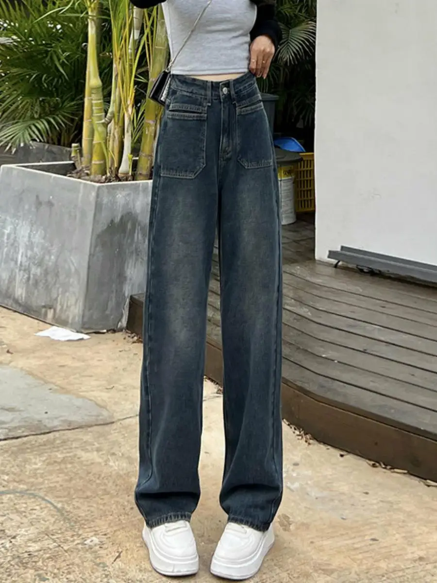 

Джинсы женские с высокой талией, прямые, свободные, широкие, в пол, универсальные, длинные брюки, синий дизайн