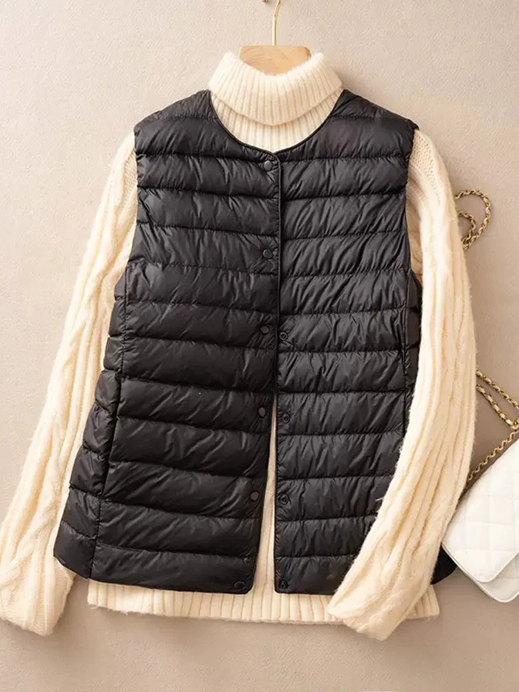 White Duck Down Thin Vest para mulheres, Parkas sem mangas, coletes ultraleves, casacos de sopro, outono e inverno, novo, feminino, 0-10 ℃, 24 °C, 2024