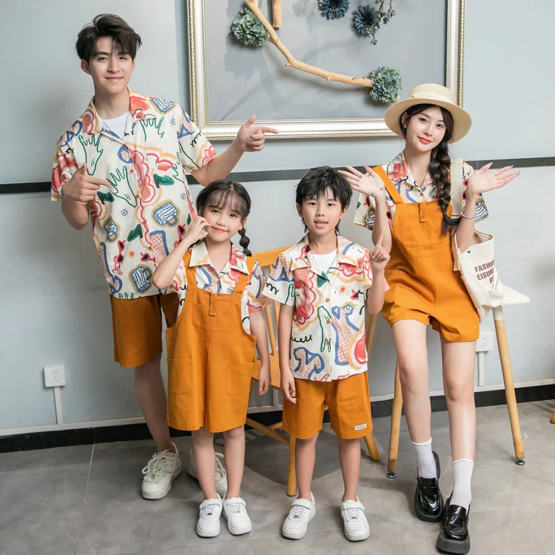 Family Matching Clothes Outfits Holiday Dad and Son Beach Shirts Shorts Sets Korean Mom and Daughter Blouse Jumpsuit Clothing