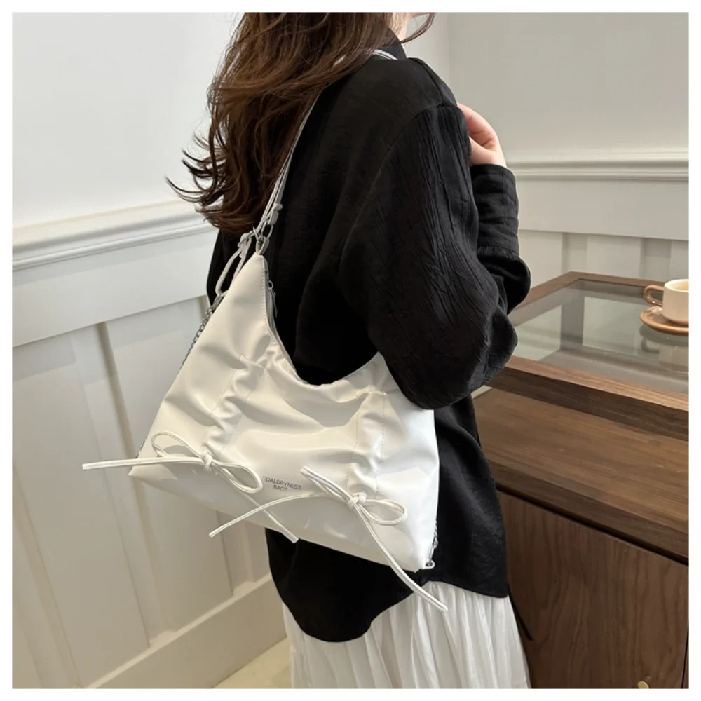 Pleated Versatile Shoulder Bag Fashionable Casual Commuter Handbag Cute Bow Tote Bag for Women Simple Female Pu Leather Bags