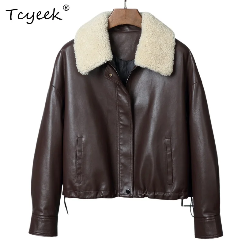 

Tcyeek Real SheepskinaОсенняя зимняя модная однотонная женская куртка из натуральной кожи с лацканами на гусином пуху Женская Кожаная Куртка