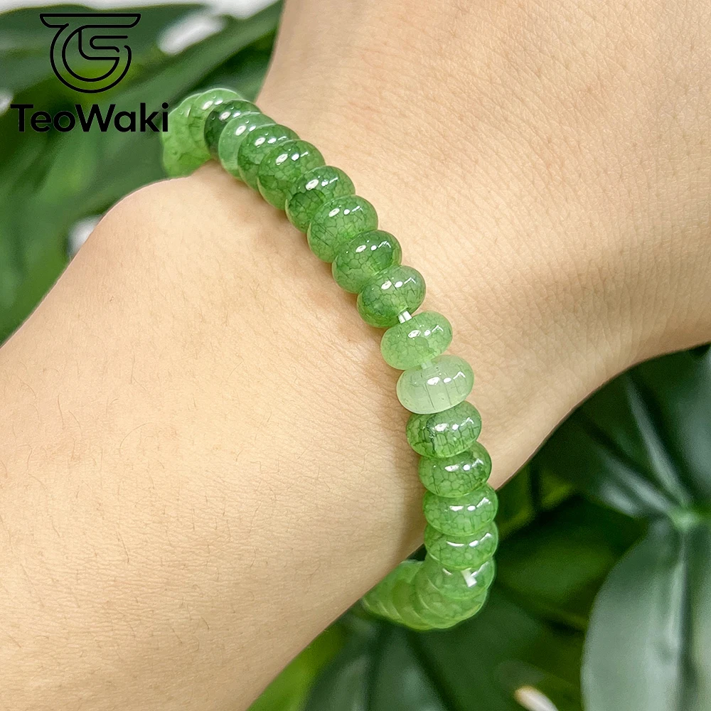 TeoWaki Natural Mint Green Crackle Crystal Stretch Bracelet Flat Oval Vein Bead Stackable Daily Jewelry Holiday Best Gift 19cm