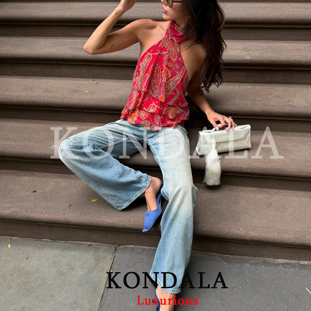 KONDALA Casual Chic Women Print Suit Halter Sleeveless Chiffon Loose Top Belt Loose Long Skirt Fashion 2026 Fall Boho Female Set image 2