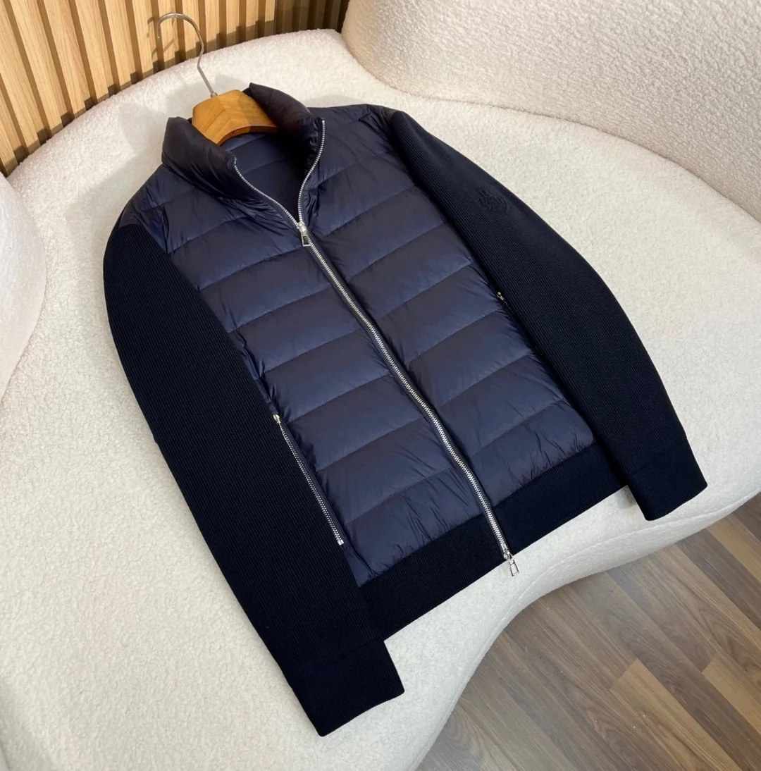 

Luxury Nylon Knitted Patchwork Men's down Jaet Stand Collar Open Cardigan Autumn Winter New Sle Lightweight Du down Coat