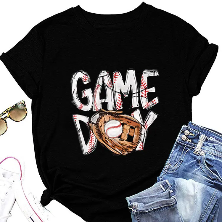 Stylish loose game day baseball glove printed T-shirt Summer crew-neck short-sleeved casual top women's all-match pullover