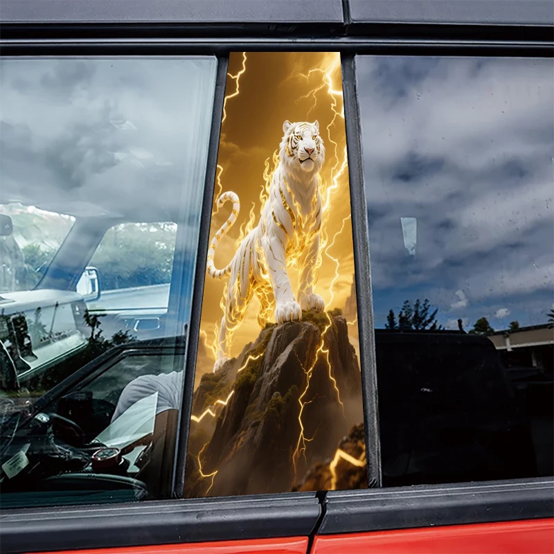 

2 шт. наклейки на центральные стойки автомобиля, защитная пленка с золотистым узором и изображением белого тигра, устойчивая к царапинам.
