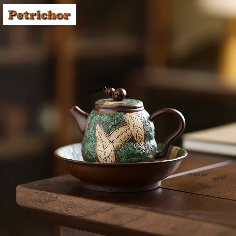 180ml Turquoise Carved Old Rock Clay Gourd Teapot Traditional Tea Infuser Pot Tea Making Kettle With Ball Hole Drinkware Craft