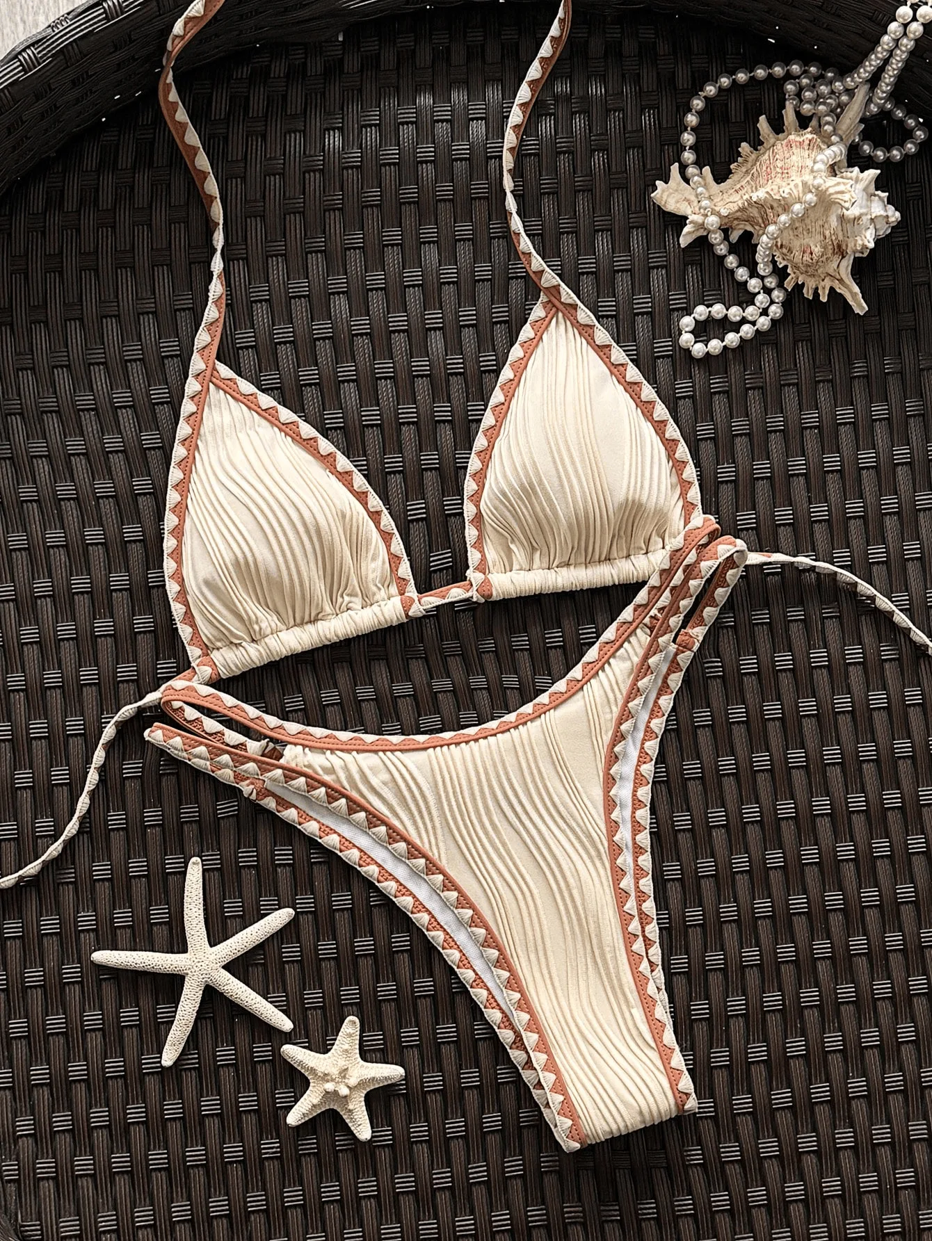 Sexy Beige Patchwork Micro Bikini 2026 Women Halter Push Up Bra Hollow Out Thong Swimsuit Summer Bathing Suit Holiday Swimwear