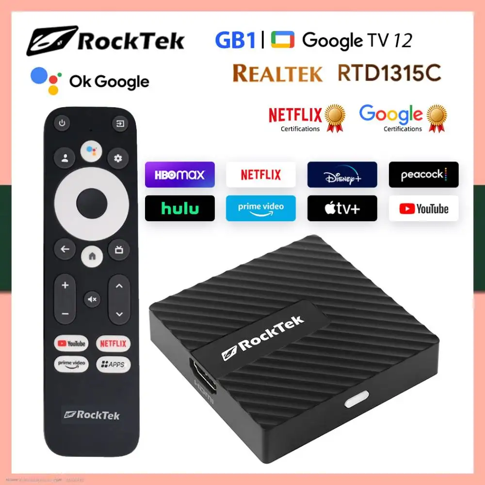 Netflix Google Certified TV Stick Mini BOX RockTek GB1 TV Dongle 2GB16GB Media Player Support Dolby Atmos Vision 2T2R Wifi BT5.0