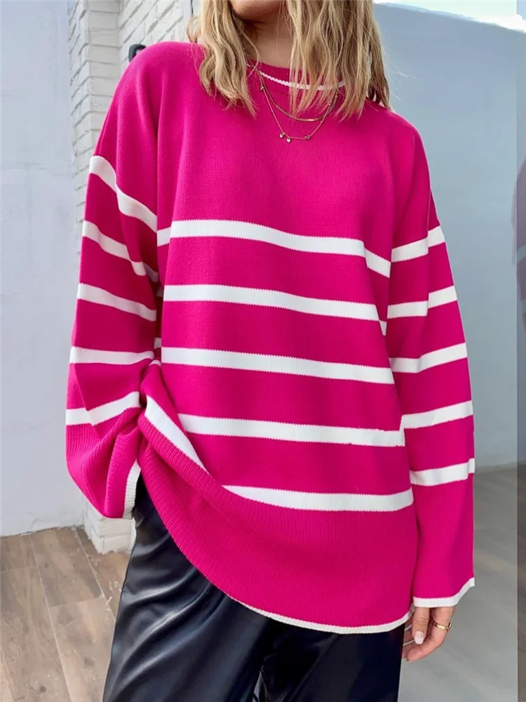 REALEFT Autumn Winter Elegant Striped Oversize Women\'s Sweater 2023 New O-Neck Long Sleeve Casual Loose Knitwear Sweaters Female