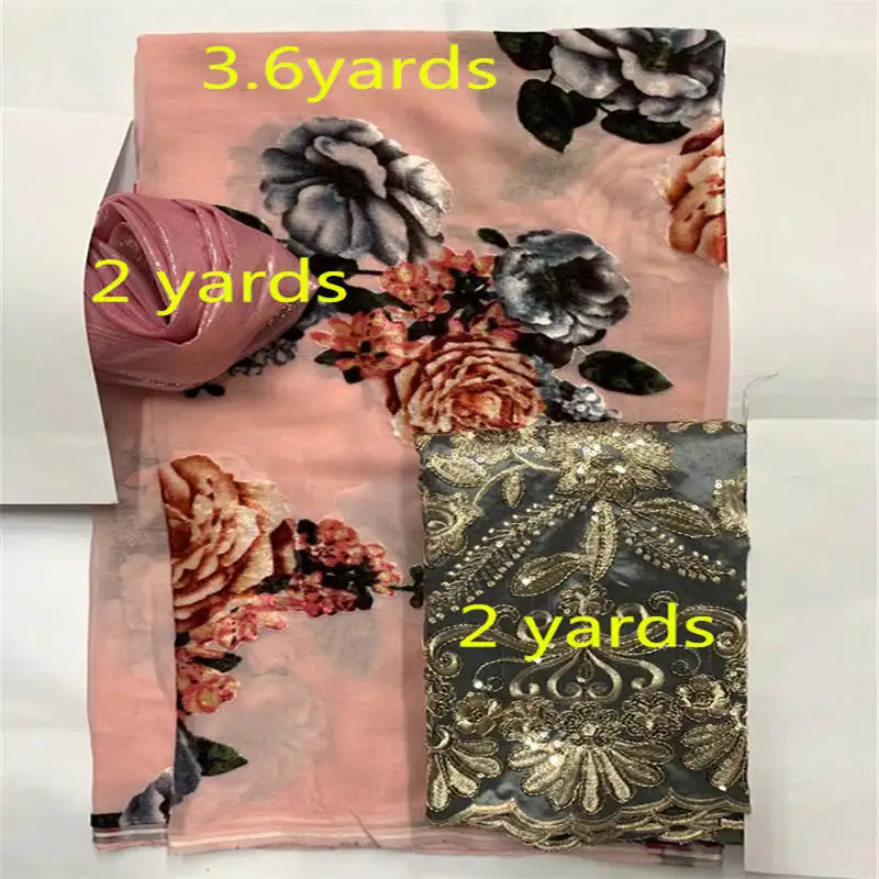 3 Piece Suit Silk Fabric 2022 Latest High Quality Embroidery Printing Silk Fabric For Sewing Textile Material 2+3.6+2 Yards.519