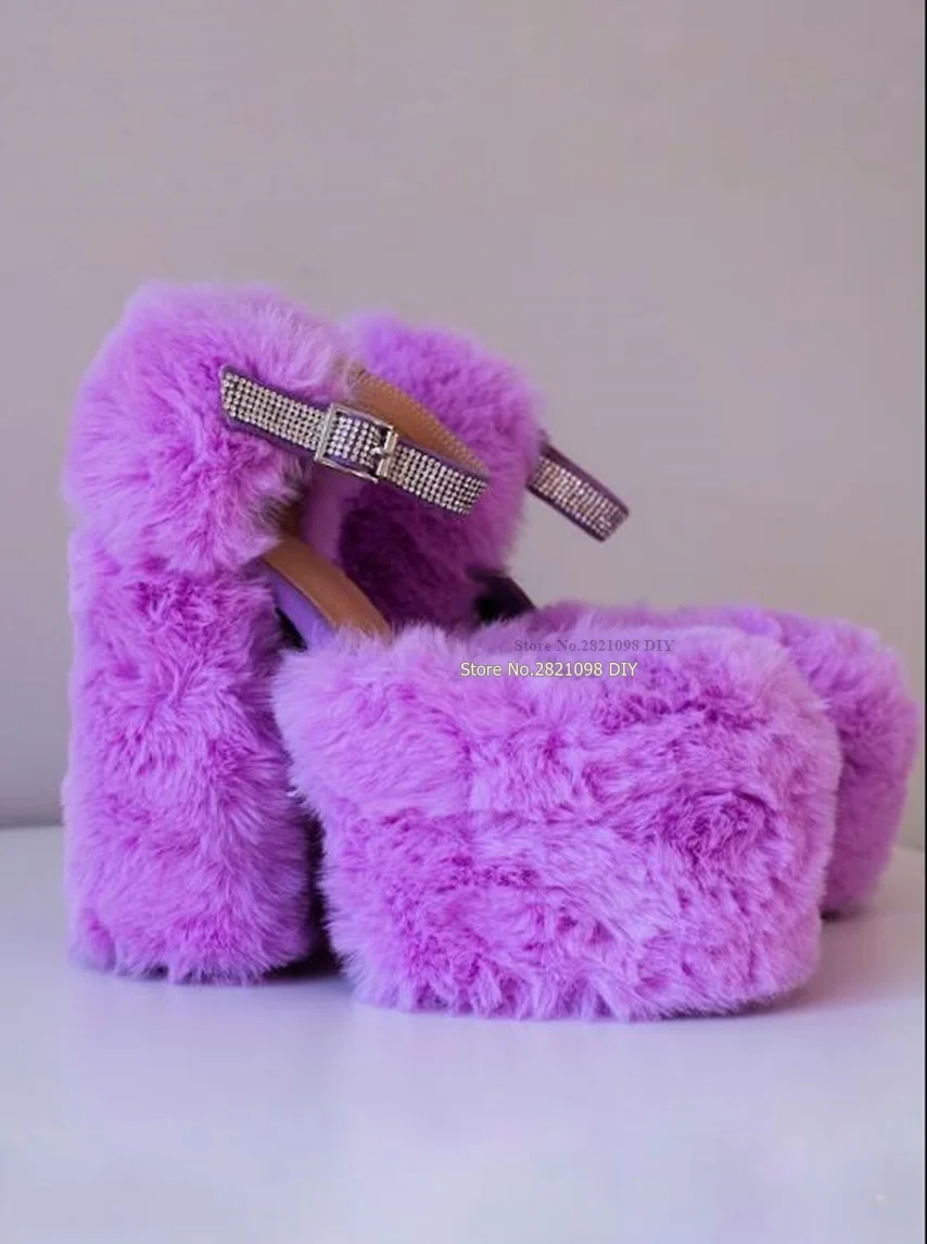 

Embellished Gemstone Crystal Violet Fur Platform Sandals Women's Thick Soled High Heel Round Head Banquet Chunky Heeled Shoes