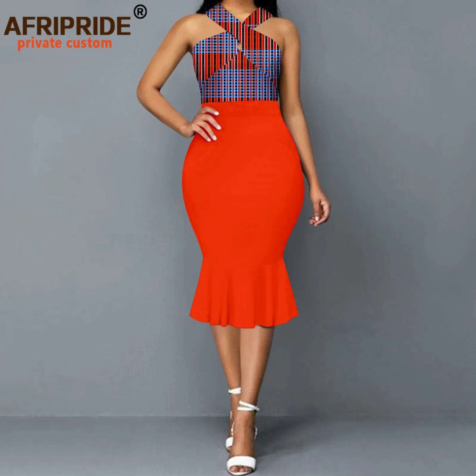 African Dresses for Women High Waist Sleeveless Bodycon Dress Elegant Party Print Outfits Ankara Attire Midi Dress A2225005
