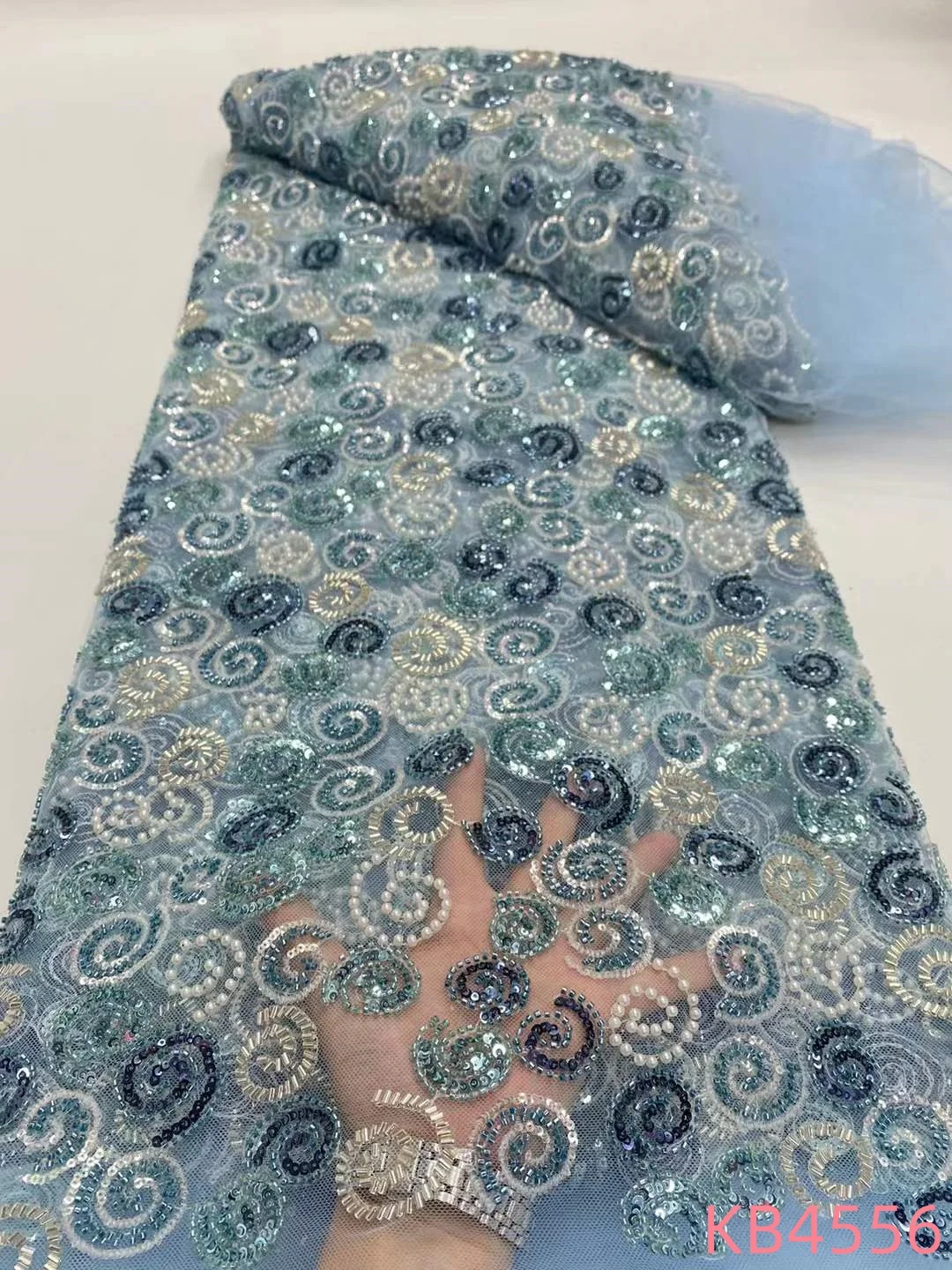 Afrikanischer Perlen-Spitzenstoff, afrikanischer Spitzenstoff 2024, hochwertige 5 Yards, grüne Sequenz, Netzstoffe, Materialien für Kleider KB4556