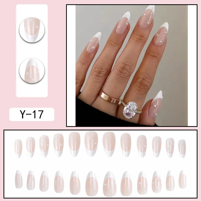 24 Stks/set Franse Punt Diamant Nep Nagels Kunst Dragen Kunstmatige Vierkante Koppers Op Acryl Nagel Tips Parel Amandel Valse Nagels