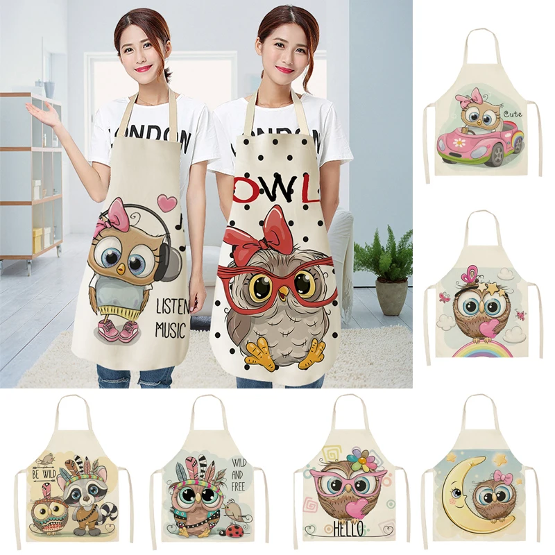 Cartoon Kitchen Apron Polyester Owl Printed Aprons For Women Female Kitchen Baking Cooking Cleaning Accessories