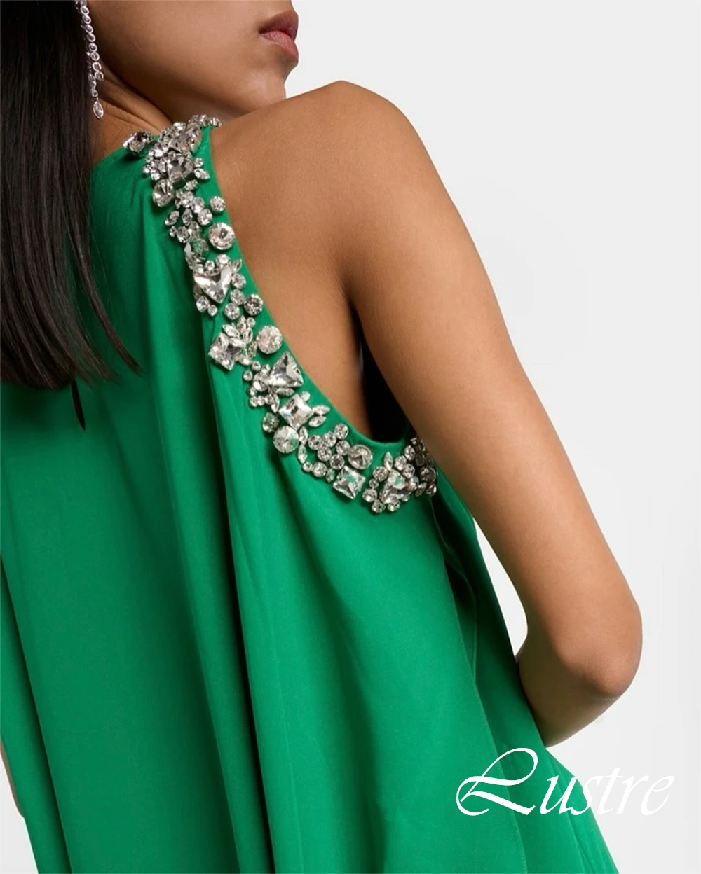 Customized Crew Neck Sleeveless Cocktail Dress Straight Floor Length Modern Evening Dress Crystal Green Delicate Prom Dress