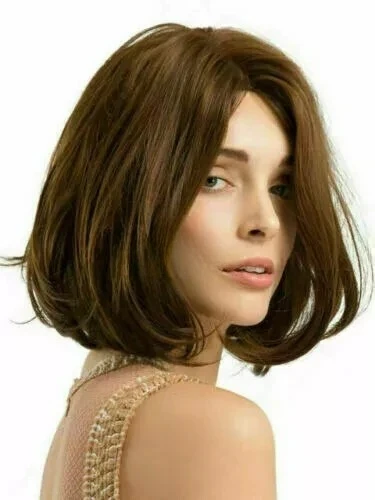 Rambut asli! Wig Elegan Bergelombang Coklat Pendek Wanita Baru 10 Inci