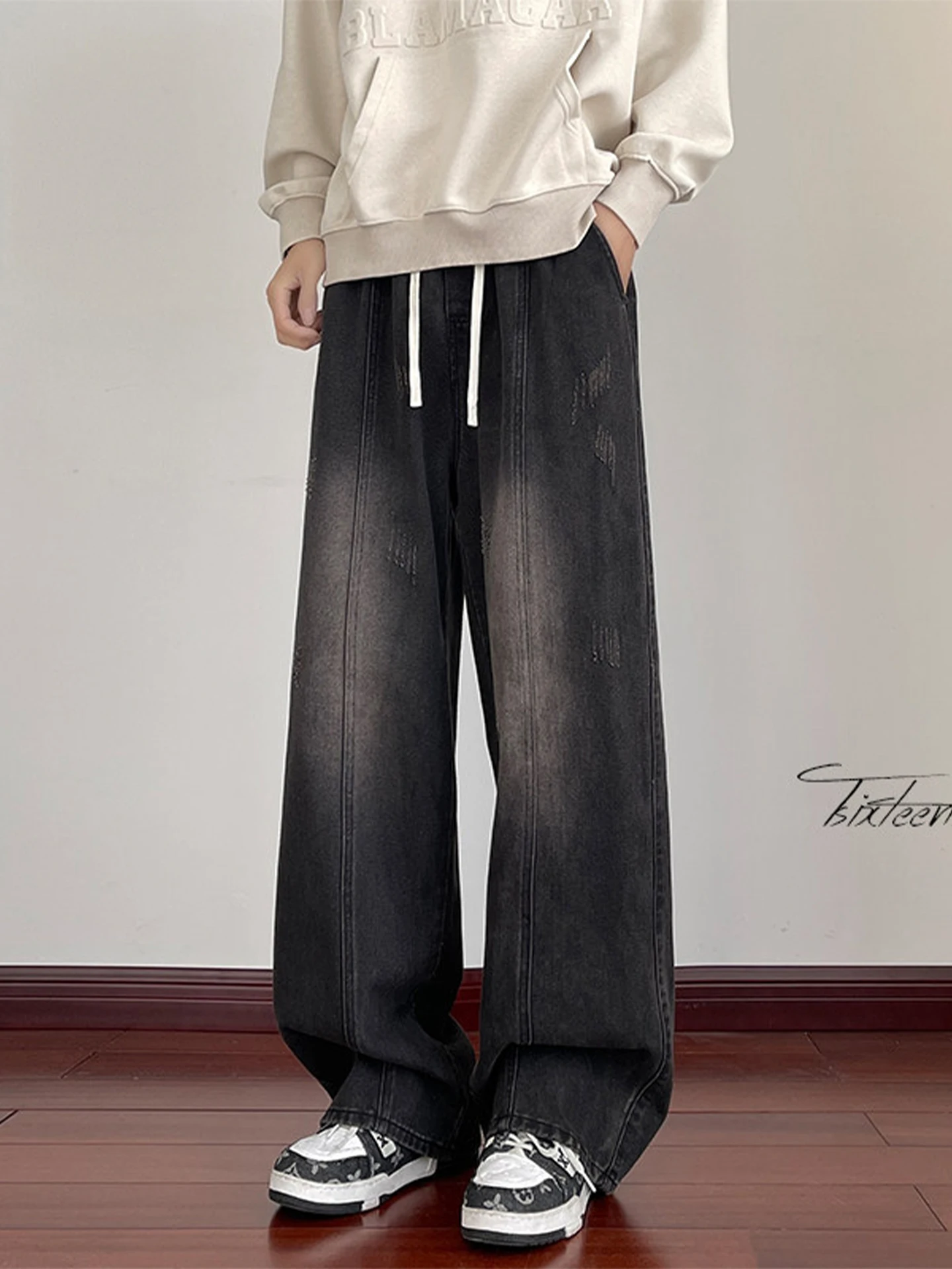 

Мужские джинсы-стрейч в стиле пэчворк, прямые, свободные, повседневные, широкие штанины, большие размеры, осень-зима