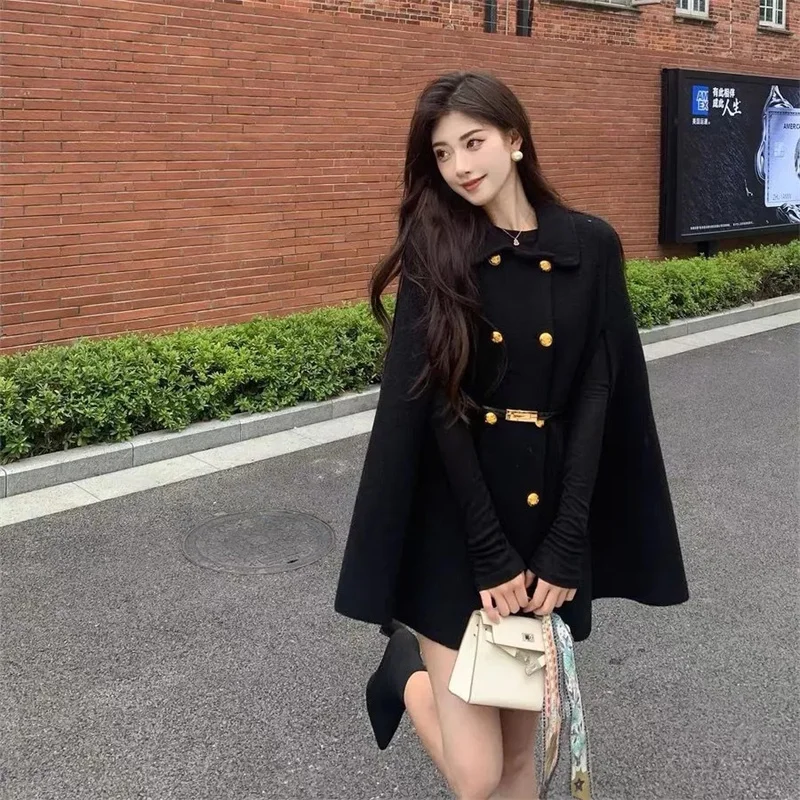 High end Casual Simple and Trendy New Cape Double Row Knitted Woolen Coat 2026 Autumn Waist Cinching Fashionable Slimming Coat
