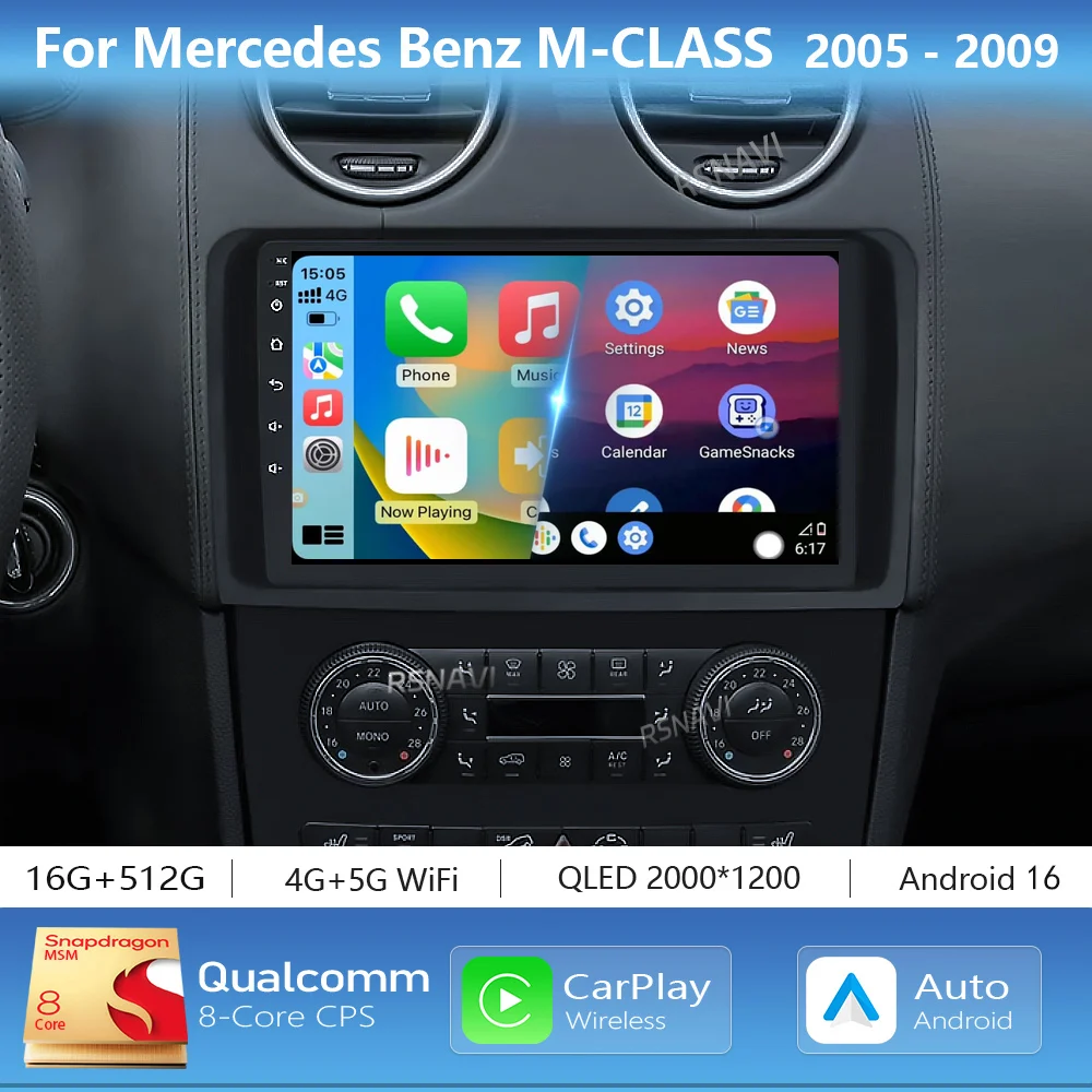Android 16 Carplay Auto 2K Screen Car Radio Multimedia Player For Mercedes Benz CLASS ML W164  Autoradio Stereo 2din Head Unit