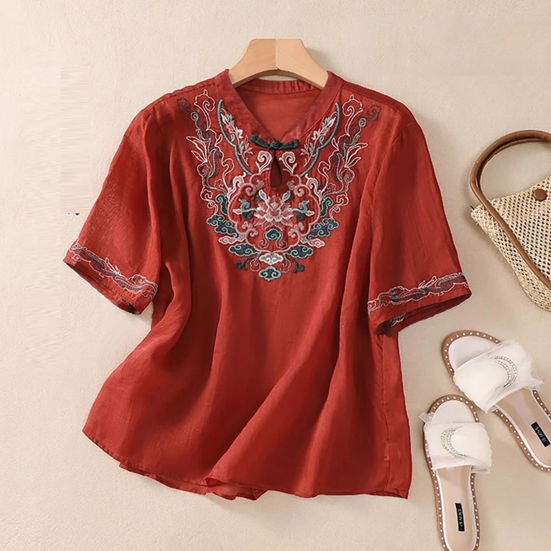 Women\'s Chinese Style Vintage Embroidery Blouse Stand Collar Hollow Cotton Linen Shirt Short Sleeve Loose Tops Blusas Para Mujer