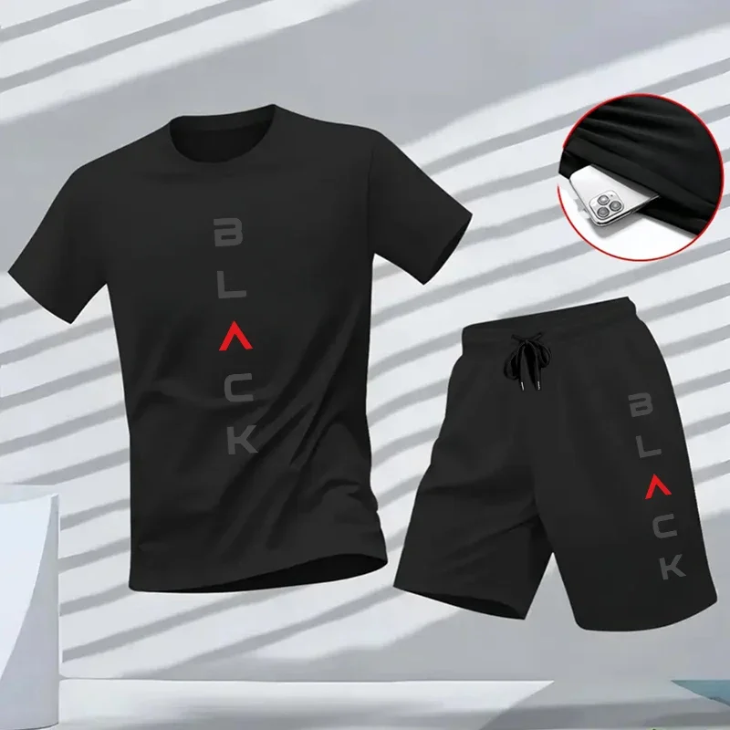 Summer Men's Black Letter Printed Sports Suit Two-piece Casual Sportswear T-shirt and Shorts Comfortable Outdoor Wear T-shirt