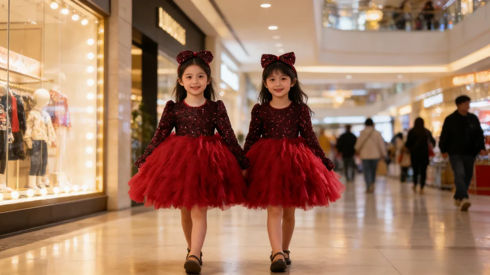 Burgundy Girls Birthday Princess Gown Kids Formal Dress Children Vintage Performance Gown Costumes Long Sleeve Sequin Puffy