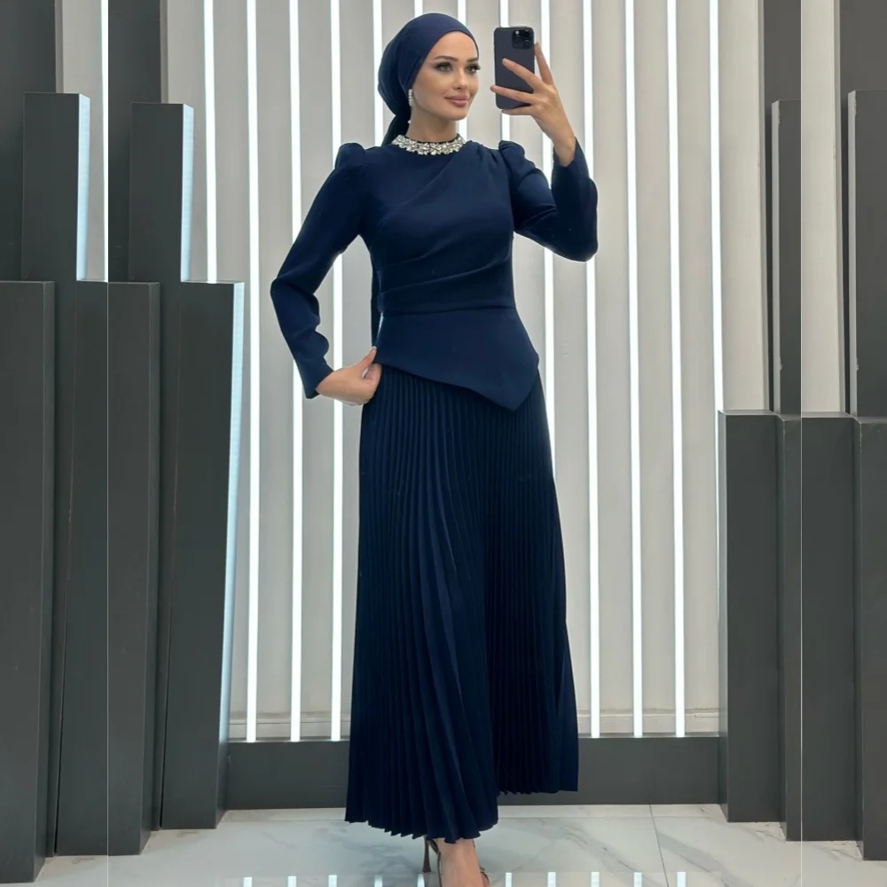 

Customized Classic Long Sleeves Evening Dress High Collar A-line Midi Dresses Bespoke Occasion Wedding Prom Party Gowns