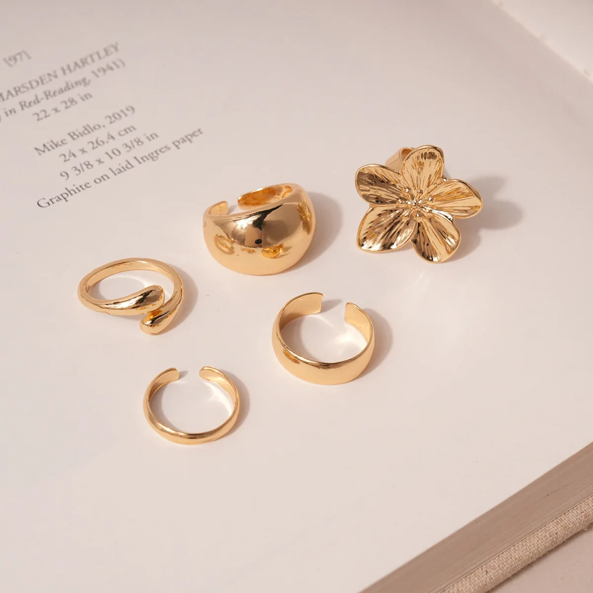 Metallic flower round three-piece open ring light luxury index finger ring niche jewelry