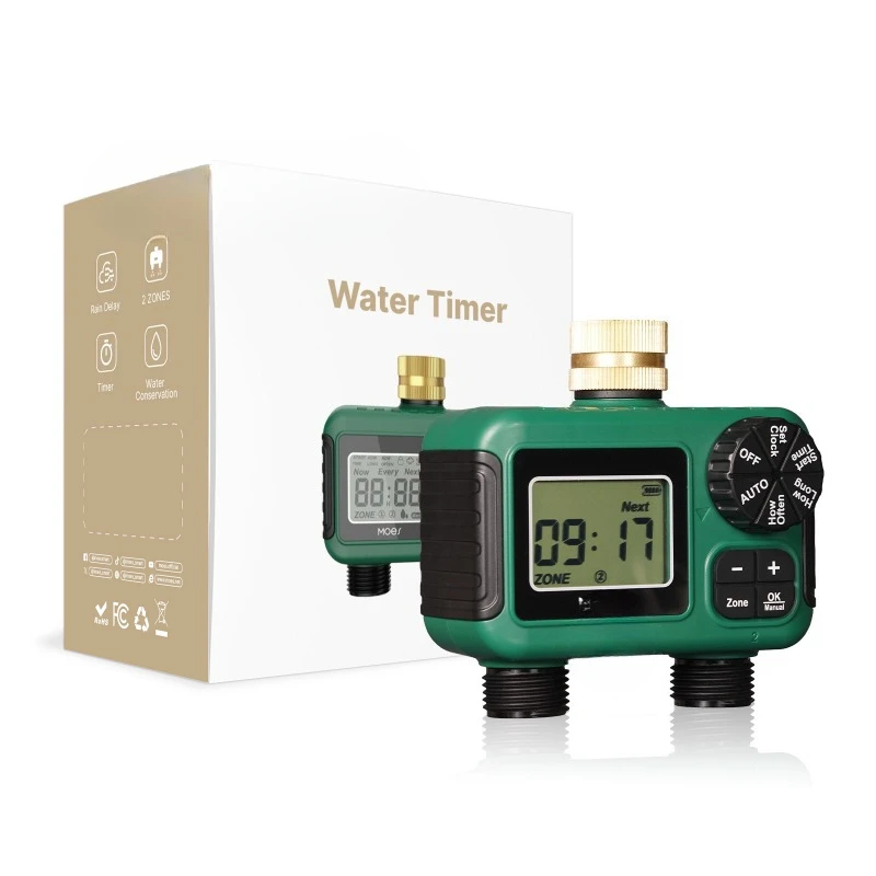 2-Way Irrigation Valve Timer IP55 Waterproof Knob Button Display Brass Inlet