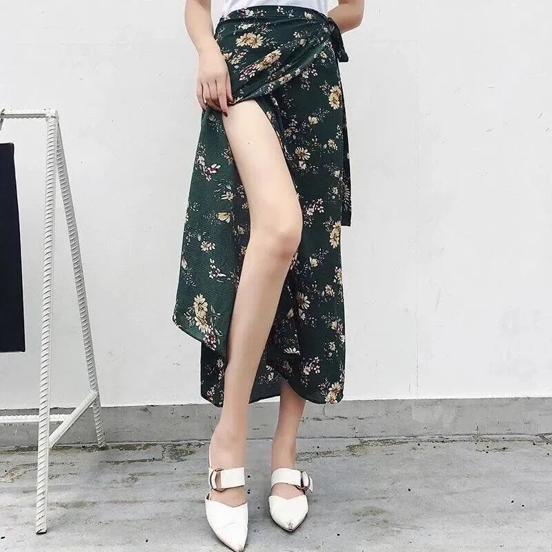 

High Waist Chiffon Floral Wrap Skirt for Women Side Tie Detail One Piece Beach Flower Print Long Skirt with Slit Y2k Skirts