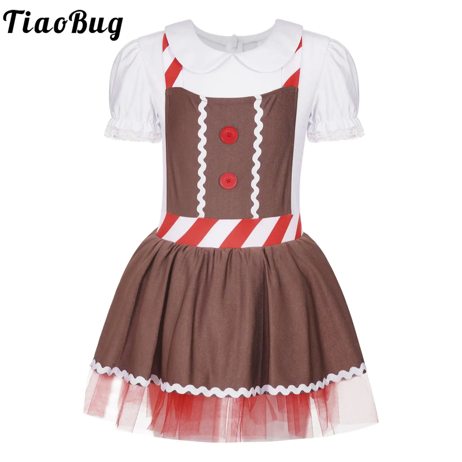 

Kids Girls Christmas Gingerbread Costume Halloween Carnival Party Cosplay Cross Suspenders Apron Striped Tutu Dress Leotard