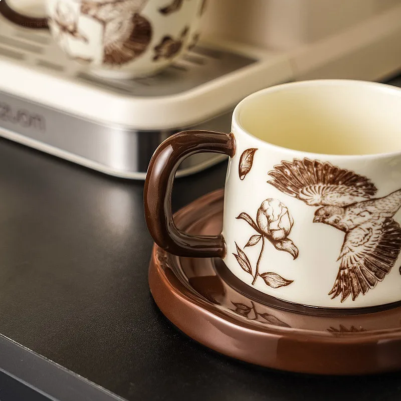 Vintage Floral Coffee Cup Saucer Set Light Luxury Retro Creative Afternoon Tea Ceramic Mug High Temperature Decal Milk Cup