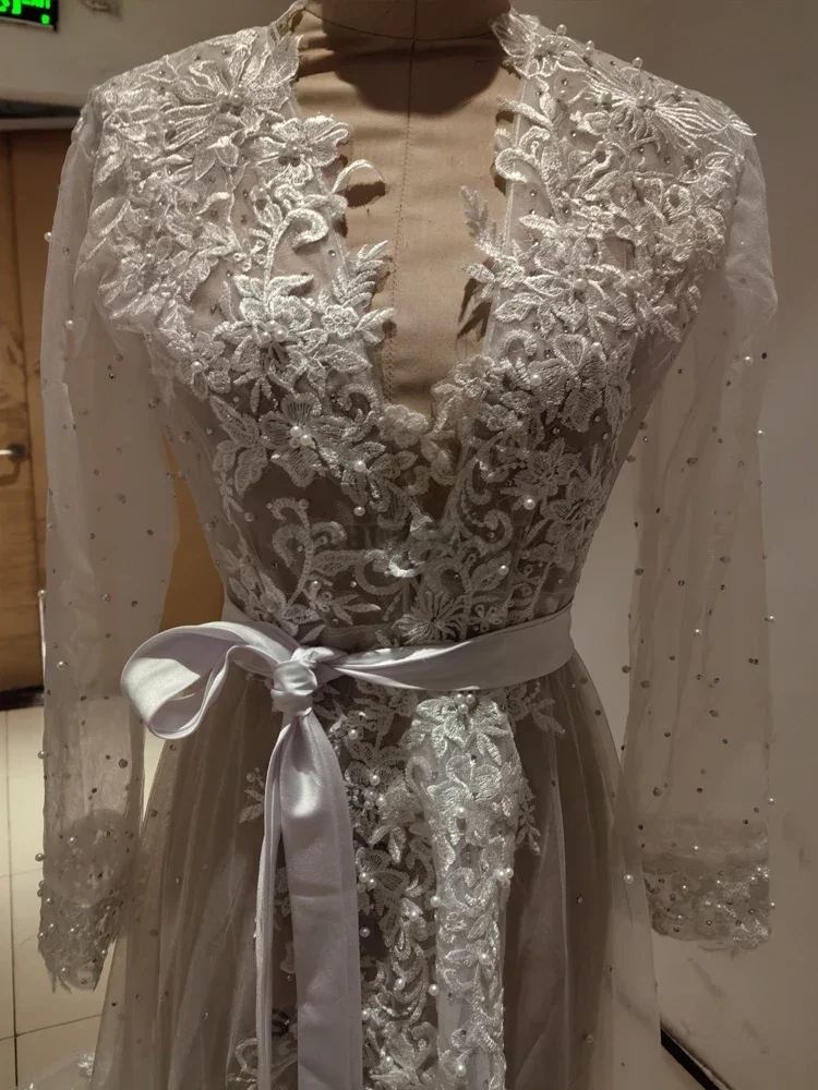 Pearls Appliques Long Sleeve Wedding Robe Jacket Robe Party Shawl BOLERO Bridal Cape Crystal Beaded Long Wedding Coat Customized