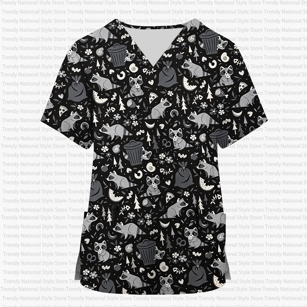 Women's Cartoon Animal Print Work Uniform Nurse Uniform Top V-neck Short Sleeve Medical Work Uniform Top with Pockets