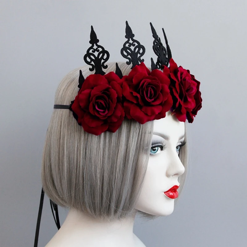 Gothic Flower Tiara Headband, Halloween Party Witch Demon Queen Costume Crown Headwear for Women Girls