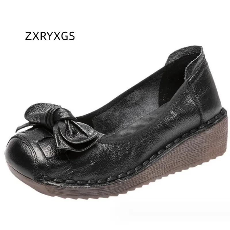 

ZXRYXGS Bestselling Woman Shoes 2024 New Classic Bow Women Genuine Leather Shoes Flat Non-slip Wedges Comfortable Retro Shoes