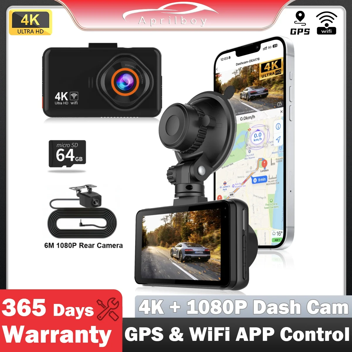 Aprilboy Dash Cam 4K UHD Recording Car Camera DVR Night Vision Video Recorder Built-In Wi-Fi Support GPS 24H Parking Monitor