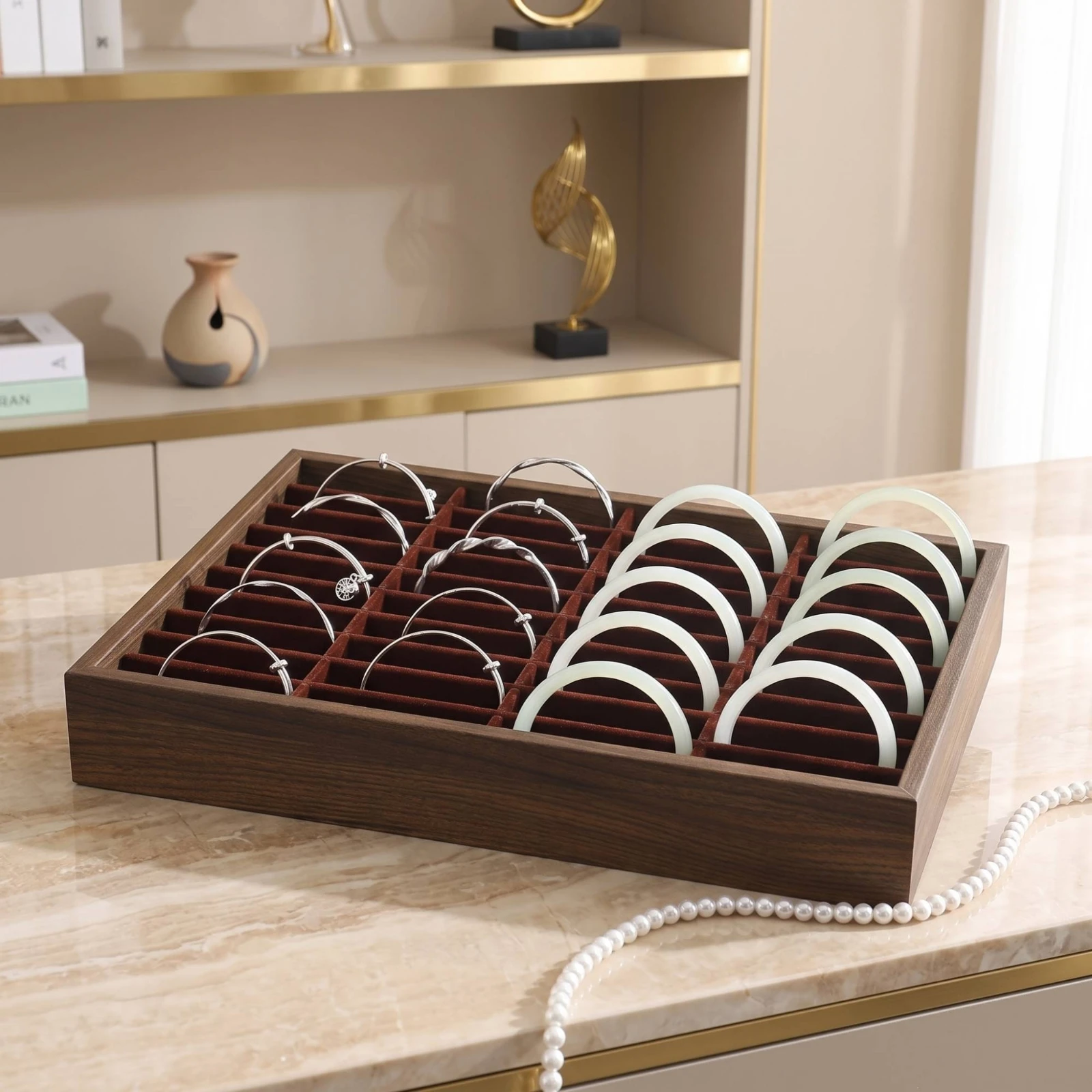 Jewelry Display Tray Wood-Grain Bracelet Organizer Bangle Display Box Rectangular Jewelry Tray with Compartments Open-Top