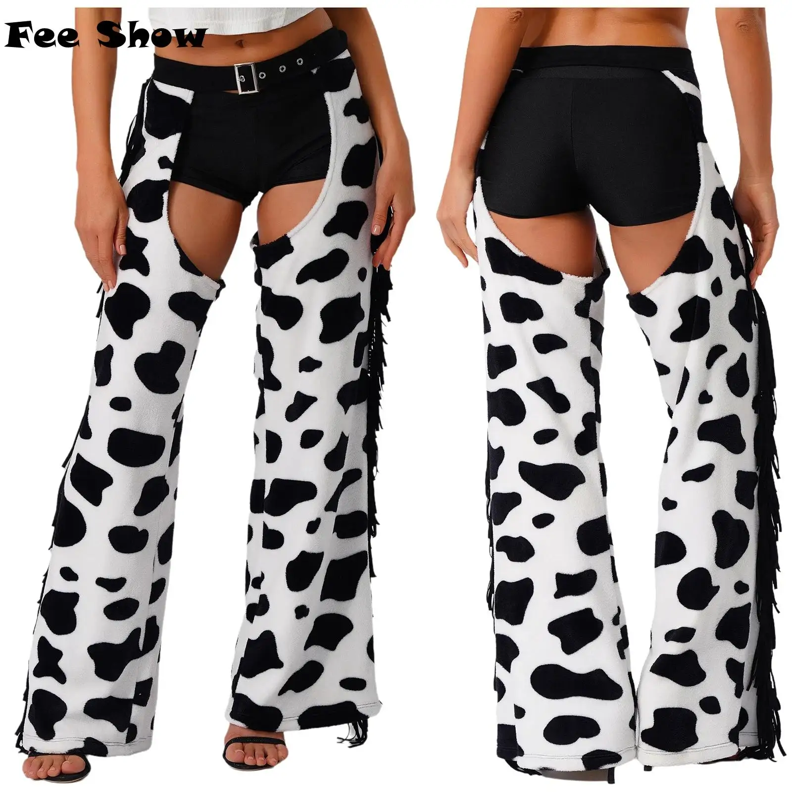 Pantalones largos de franela con patrón de manchas de vaca para mujer con borla lateral, cintura ajustable, entrepierna abierta, ciclismo, vaquera, Chaps para Halloween