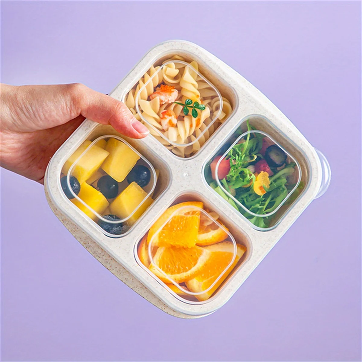 

Eco-Friendly 4-Section Bento Lunch Box With Clear Cover - Ideal For Snacks, Fruits & Tea