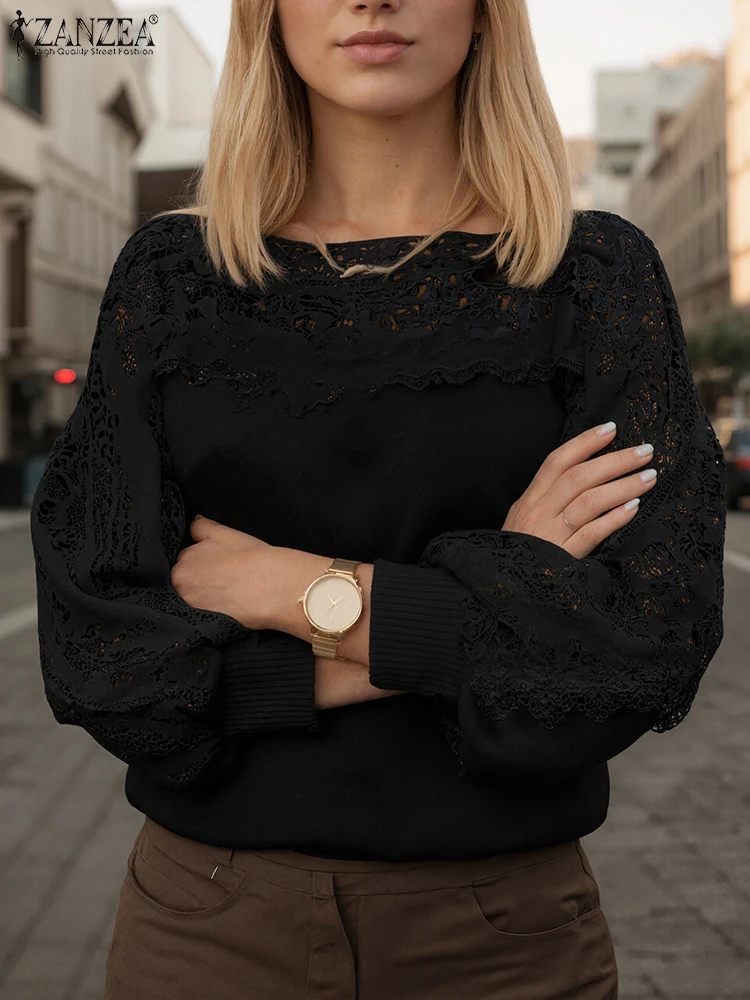 

Women Jumpers ZANZEA 2025 Autumn Knitted Sweaters Pullovers Elegant Fashion Lace Patchwork Long Sleeve Hollow Out Casual Shirts