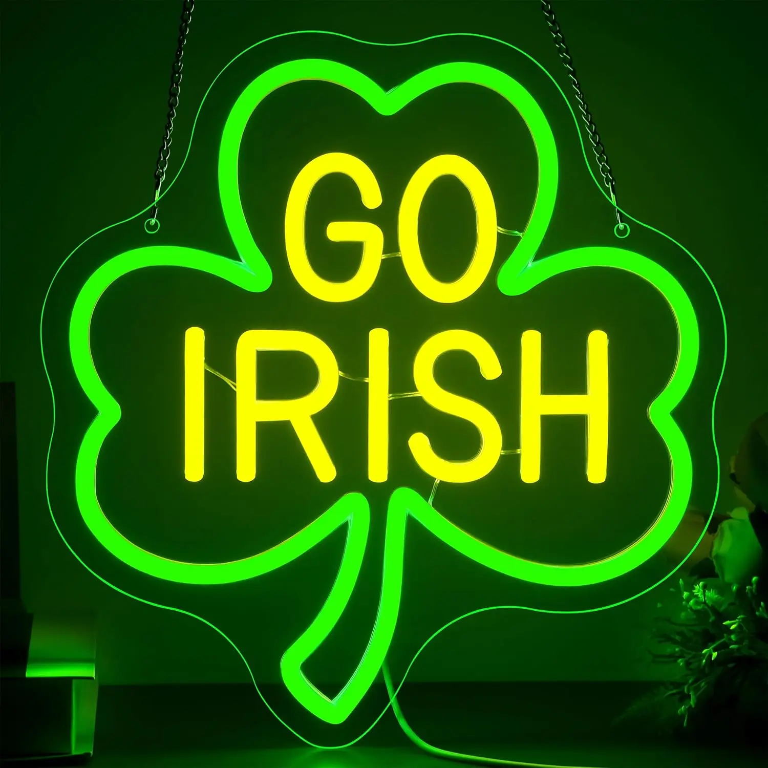 

Неоновая вывеска GO IRISH, светодиодная, с регулировкой яркости, в форме клевера, зелено-желтый свет, для декора на День Святого Патрика, подарок для фанатов Нотр-Дам, для дома, бара, настенный декор
