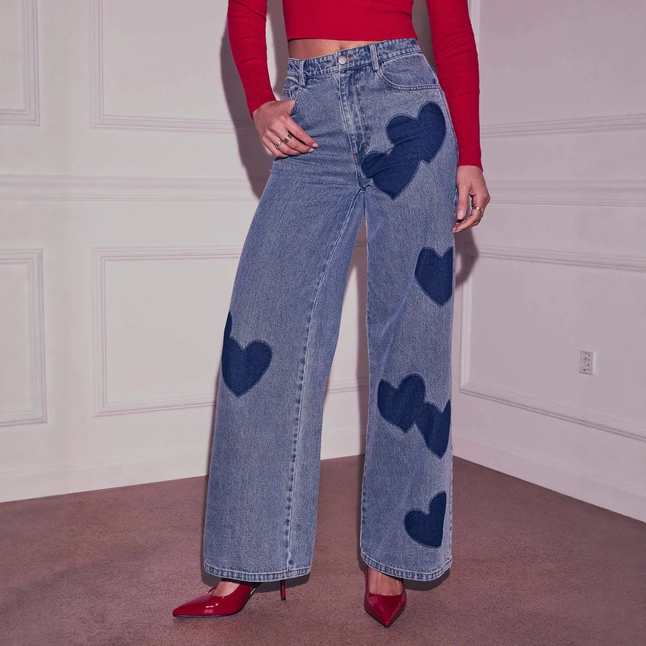 

Women's Summer Vintage Washed Heart Print High Waist Wide Leg Jeans Loose Fit Streetwear Versatile Casual Denim Trousers