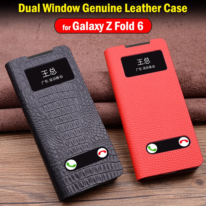 Genuine Leather Funda for Samsung Galaxy Z Fold 6 Case Dual Window Flip Leather Cover for Samsung Z Fold 6 Case Luxury Capa